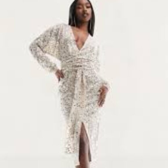 Nwt ASOS DESIGN Gold Scatter Sequin Batwing Sleeve Wrap Midi Dress Size 10 - Picture 3 of 14